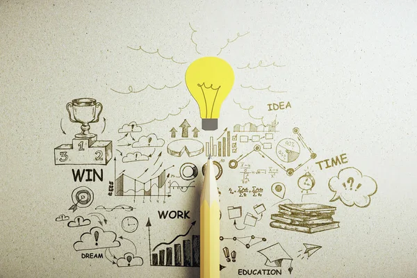 Kreslení Kreativního Obchodního Náčrtu Žluté Žárovky Tužky Myšlenky Inovace Koncepce — Stock fotografie