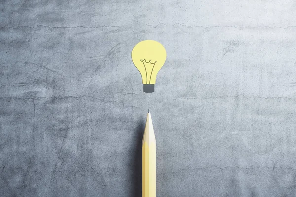 Tekening Gele Lamp Potlood Betonnen Tafel Idee Startup Concept Weergave — Stockfoto