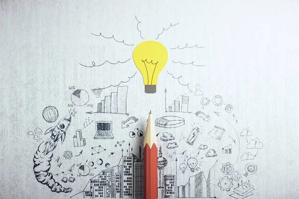 Drawing Business Plan Yellow Light Bulb Red Pencil Idea Innovation — Stock Photo, Image