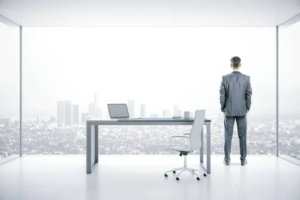 Businessman Standing Boarding Room Laptop Table Panoramic City View Workplace — Stock Photo, Image