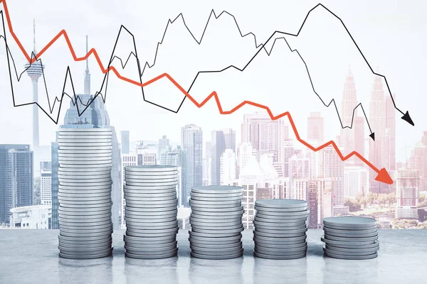 Silver Coin Piles Falling Charts City Background Trade Finance Depression — Stock Photo, Image