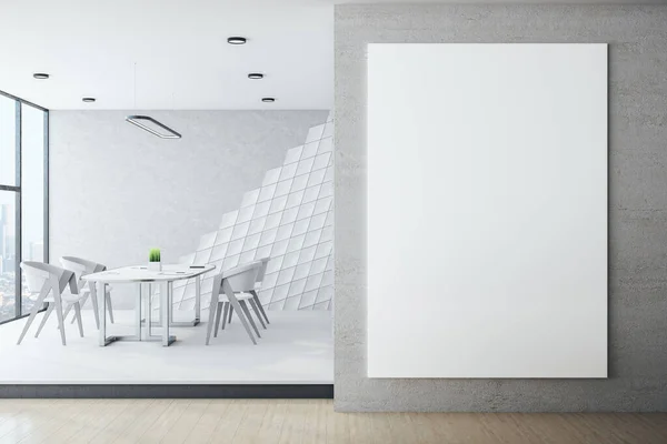 壁に空白のバナー付きの白いヒップスター会議室 職場とライフスタイルの概念 3Dレンダリング — ストック写真