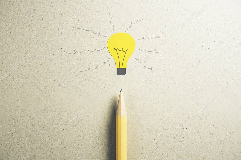 Drawing yellow lamp and pencil. Idea and startup concept. 3D Rendering