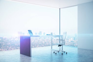 Clean boarding room interior with laptop on table and modern city view. Workplace and corporate concept. 3D Rendering clipart