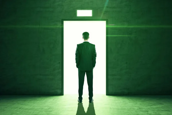 Geschäftsmann Steht Vor Einer Offenen Fahrstuhltür Von Der Grünes Licht — Stockfoto