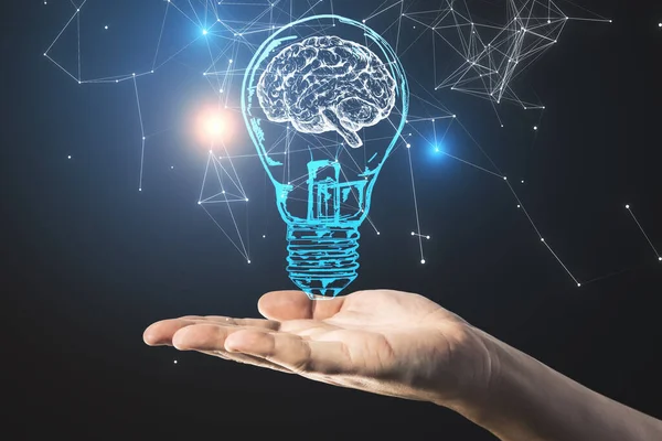 Handhållande Glödlampa Med Hjärnhologram Idé Och Brainstormkoncept Närbild — Stockfoto