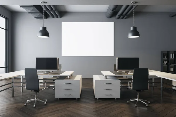Moderne Coworking Office Interiør Med Tom Plakat Grå Vegg Arbeidssted – stockfoto