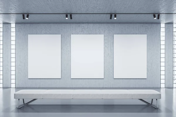 Modern Gallery Interior Three Empty Posters Wall Bench Performance Presentation — Stock Photo, Image