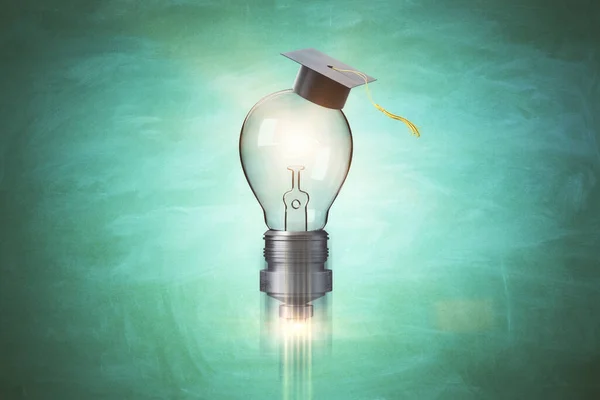 Rocket light bulb in graduate cap on green blackboard background. Business and education concept. 3D Rendering