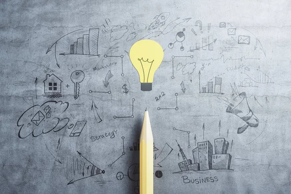 ビジネススケッチ 黄色の電球と鉛筆を描く アイデア イノベーション 計画の概念 3Dレンダリング — ストック写真