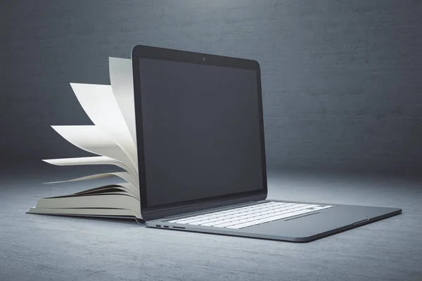 Abstract open book and laptop with blank screen. Mock up, Online education and webinar concept. 3D Rendering