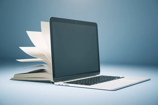Abstract book and open laptop. Online education and technology concept. 3D Rendering