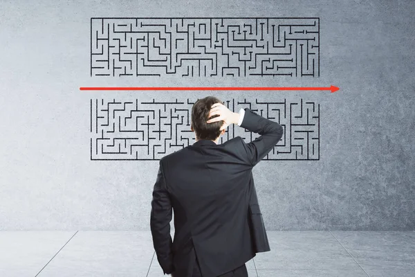 Thinking Businessman Looking Creative Maze Sketch Concrete Wall Problem Challenge — Stock Photo, Image