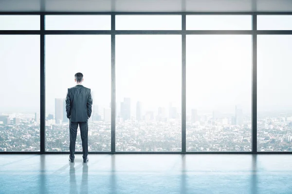 Young Businessman Looking Window Contemporary Empty Office Modern City View — Stock Photo, Image