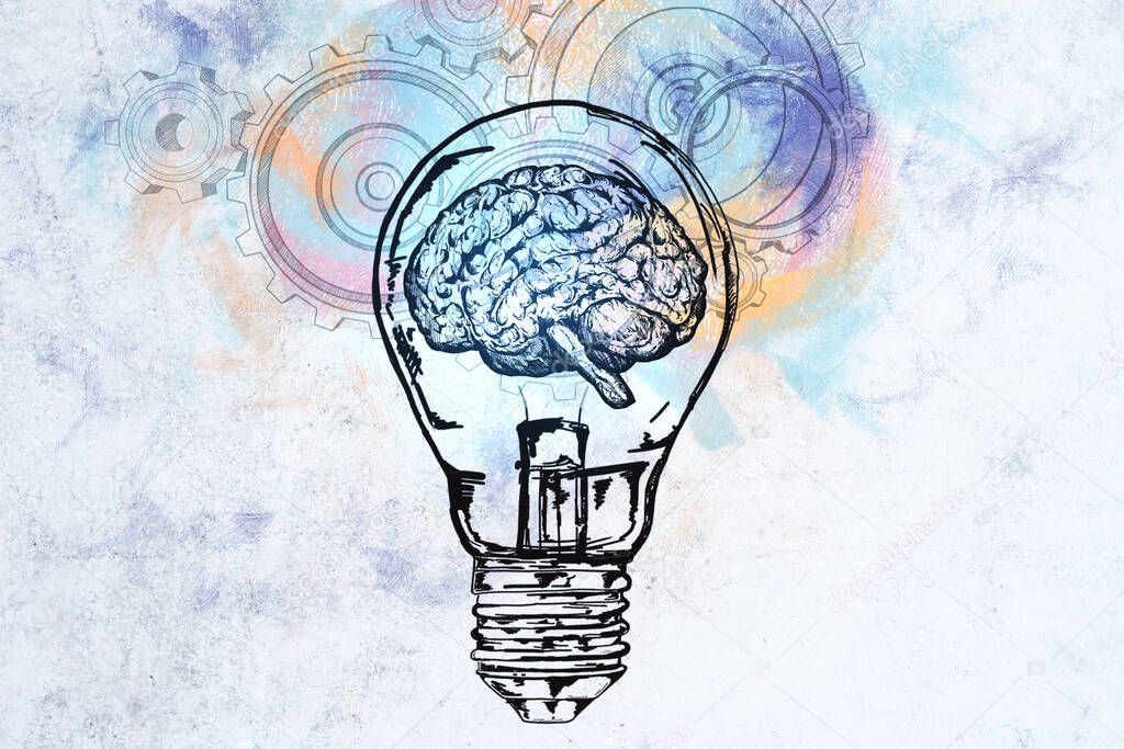 Creative light bulb with brain and cogs sketch on white background. Idea and brainstorm concept. 3D Rendering