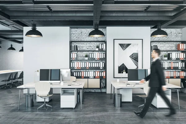 Businessman Walking Coworking Office Interior Computers Shelves Documents Picture Wall — Stock Photo, Image