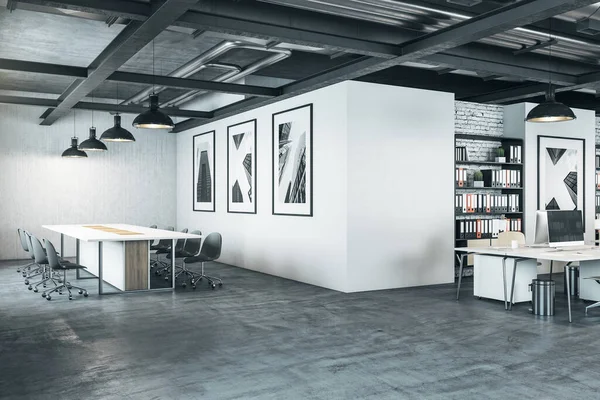 会議テーブルと壁に写真とミニマリストのオフィスのインテリア 職場と企業のコンセプト 3Dレンダリング — ストック写真