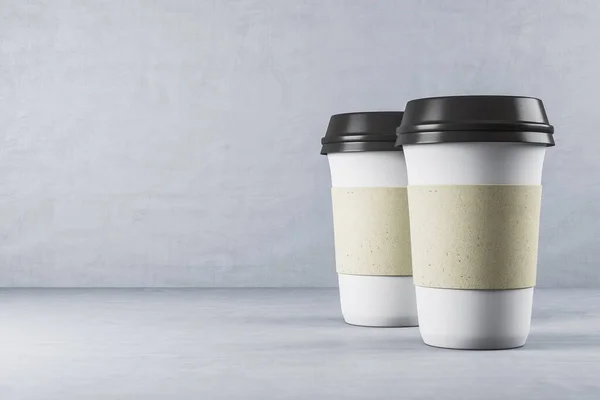 Két Eldobható Fehér Papírcsésze Kávé Asztalon Étel Ital Koncepció Renderelés — Stock Fotó