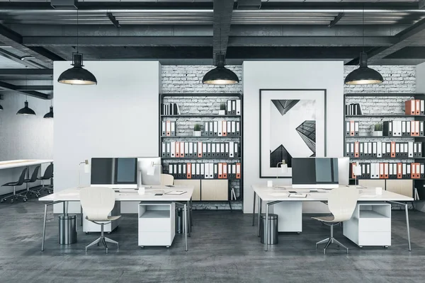 壁に文書や画像を持つコンピュータや棚と現代のコワーキング オフィスのインテリア 3Dレンダリング — ストック写真