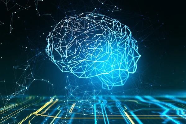 Digitale Gloeiende Veelhoekige Herseninterface Blauwe Achtergrond Kunstmatige Intelligentie Circuit Concept — Stockfoto