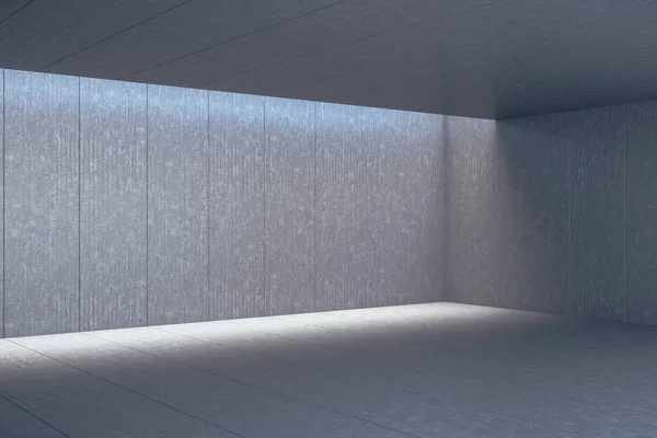 Side view of concrete gallery room with lights and blank wall. Mock up, Museum and exhibition concept. 3D Rendering