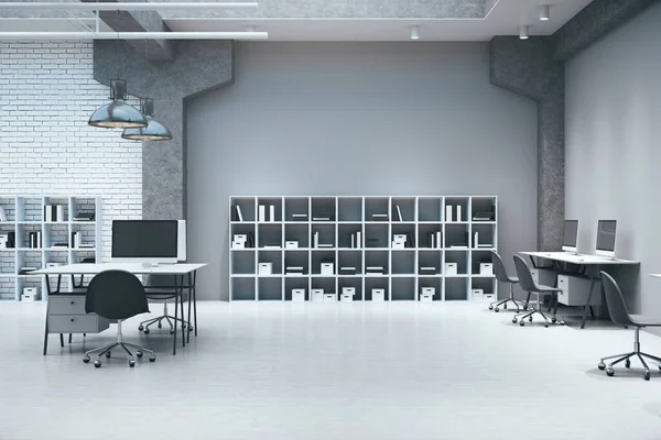Modern office in a loft style with large skylight, concrete columns, computers and shelf with documents. Workplace and company concept. 3D Rendering