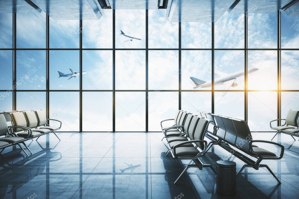 Modern airport interior with flying by airplane in panoramic window. 3D Rendering
