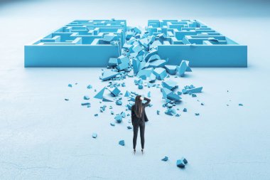 Businesswoman looking on ruined blue maze. Challenge and business problems concept. clipart