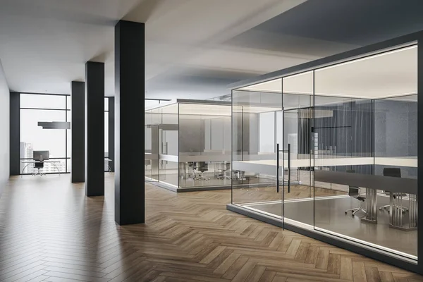Luxury office interior with glass wall, wooden floor, furniture, city view and daylight. 3D Rendering