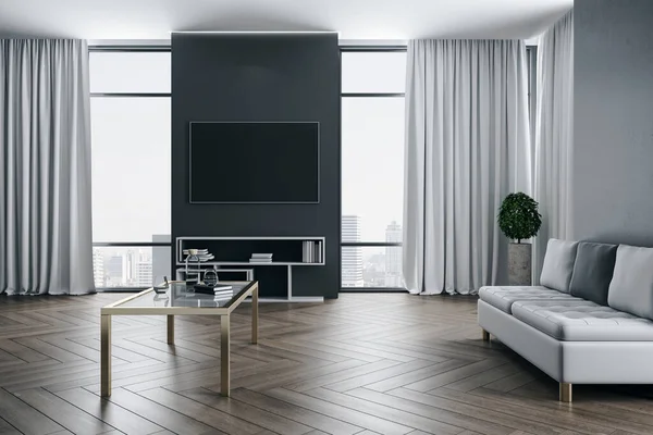 壁にプラズマテレビ ソファ 本付きの棚付きの豪華なリビングルーム 職場とライフスタイルの概念 3Dレンダリング — ストック写真