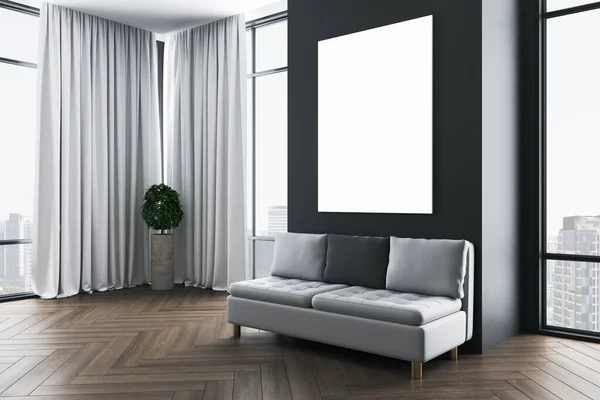 Hedendaagse Woonkamer Met Sofa Panoramisch Uitzicht Stad Blanco Banner Muur — Stockfoto