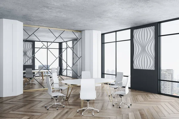奢华的会议室 有会议桌和全景大都市的视野 工作场所和生活方式的概念 3D渲染 — 图库照片