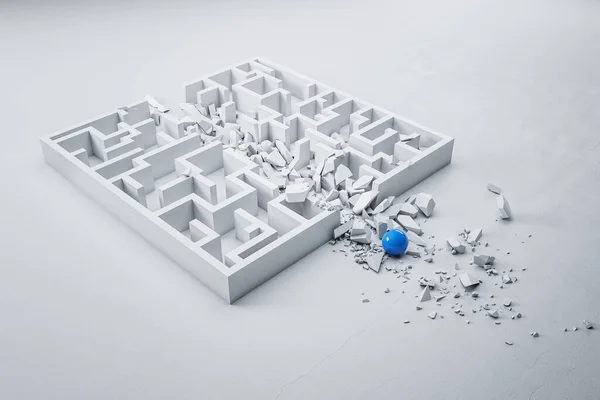 蓝球打破了白色迷宫 挑战和风险概念 3D渲染 — 图库照片