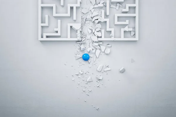Top View Blue Ball Breaks White Maze Challenge Risk Concept — Stock Photo, Image