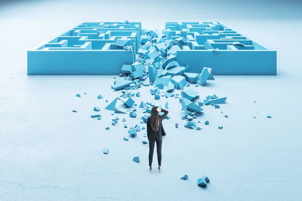 Businesswoman Looking Ruined Blue Maze Challenge Business Problems Concept — Stock Photo, Image