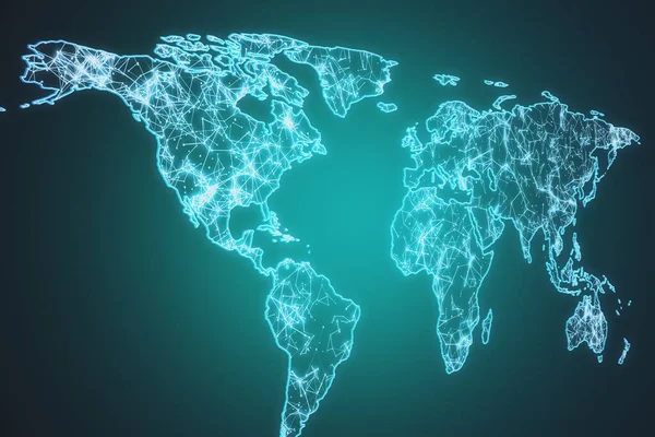 緑の背景に創造的な輝く多角形の世界地図 Aiとイノベーションの概念 3Dレンダリング — ストック写真