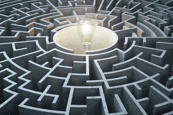 Creative concrete gray maze with lamp. Challenge and start up concept. 3D Rendering