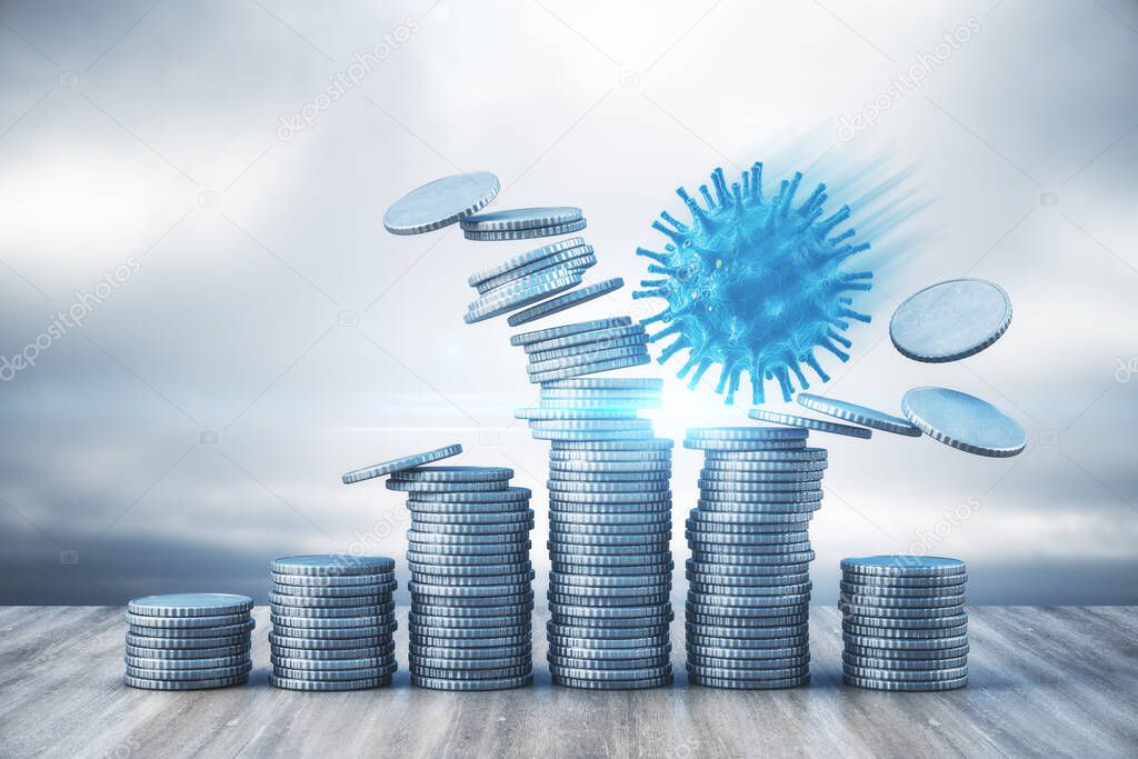 Blue coronavirus bacillus smashes silver coins on sky background. Coronavirus and finance crisis concept. 3D Rendering