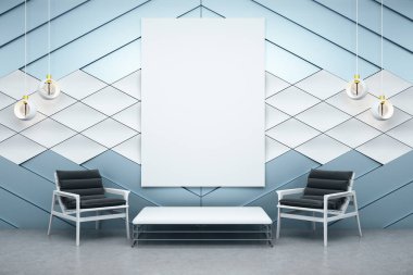 Contemporary waiting room with two chairs and blank poster on wall. Presentation concept. 3D Rendering clipart