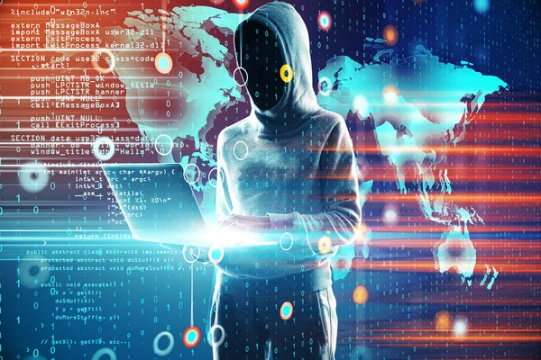 Hacker Holding Laptop Glowing World Map Glowing Programming Interface Software — Stock Photo, Image