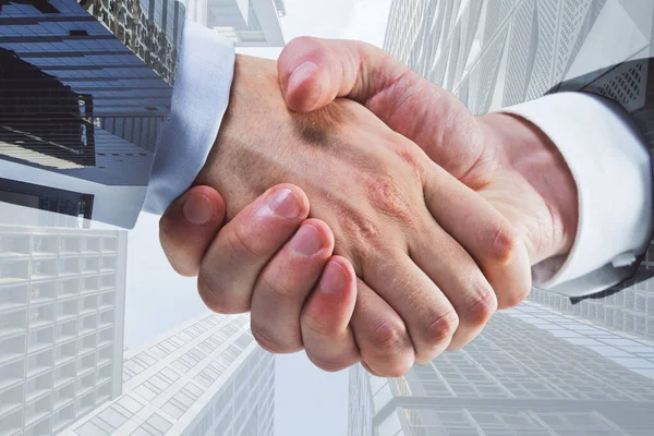 Side View Close Handshake City Background Leadership Success Concept Double — Stock Photo, Image