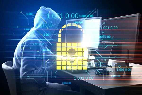 Hacking Concetto Sicurezza Hacker Desktop Utilizzando Computer Con Ologramma Lucchetto — Foto Stock