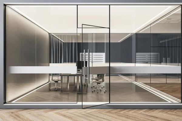 Moderno Interior Oficina Coworking Con Pared Vidrio Muebles Suelo Madera — Foto de Stock