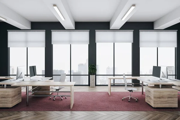 Interior Escritório Luxo Com Vista Para Cidade Computadores Mesa Madeira — Fotografia de Stock