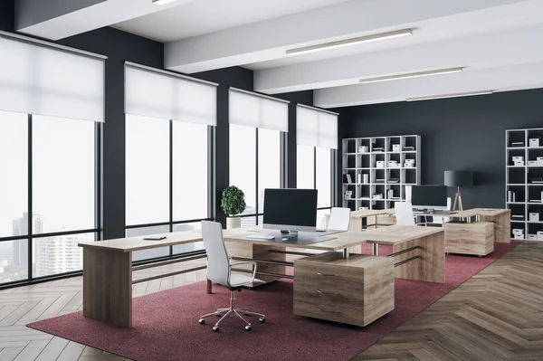 Contemporary office hall with panoramic city view, computers on table and shelf with documents. Workplace and company concept. 3D Rendering