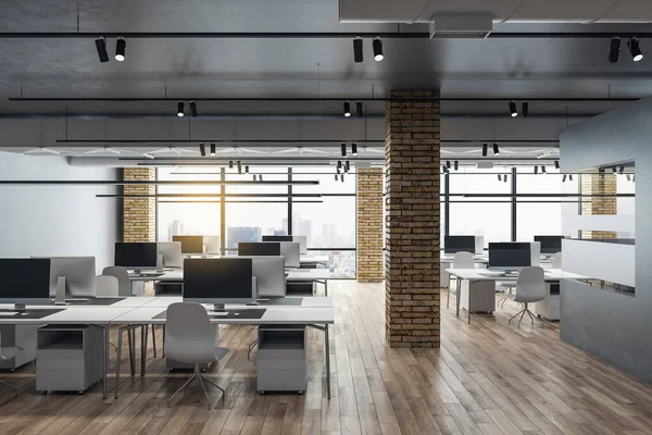 Minimalistisch Coworking Office Interieur Met Uitzicht Stad Personal Computers Tafel — Stockfoto