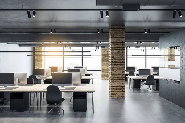 Minimalistic Coworking Office Interior Computers Panoramic City View Workplace Company — Stock Photo, Image