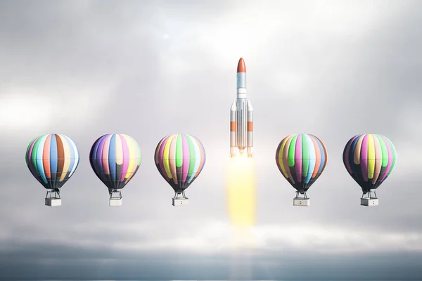 Fliegende Luftballons Und Raketen Vor Grauem Himmel Geschäfts Und Forschungskonzept — Stockfoto