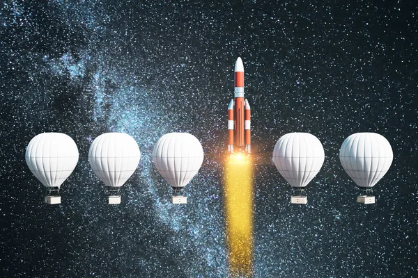 在太空背景上飞行的白色气球和火箭 商业和创业概念 — 图库照片