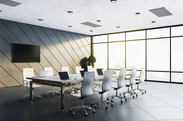 Sala Conferências Interior Com Tela Branco Parede Apresentação Conceito Corporativo — Fotografia de Stock